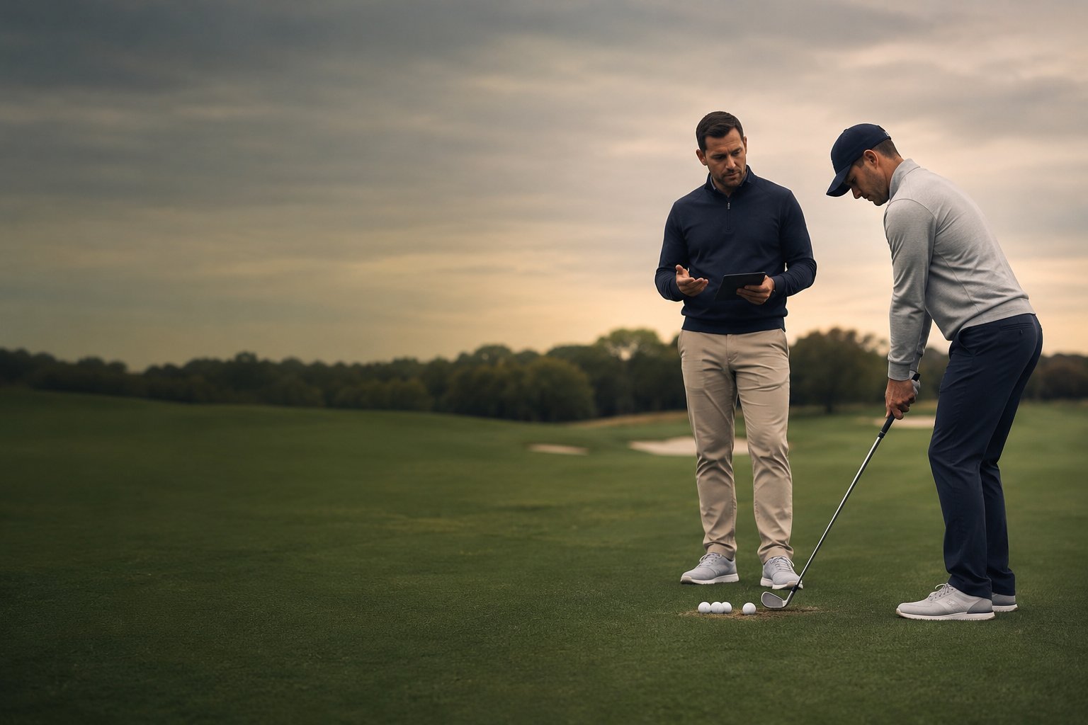 A coach reviewing a tablet beside a player over a putt at dusk